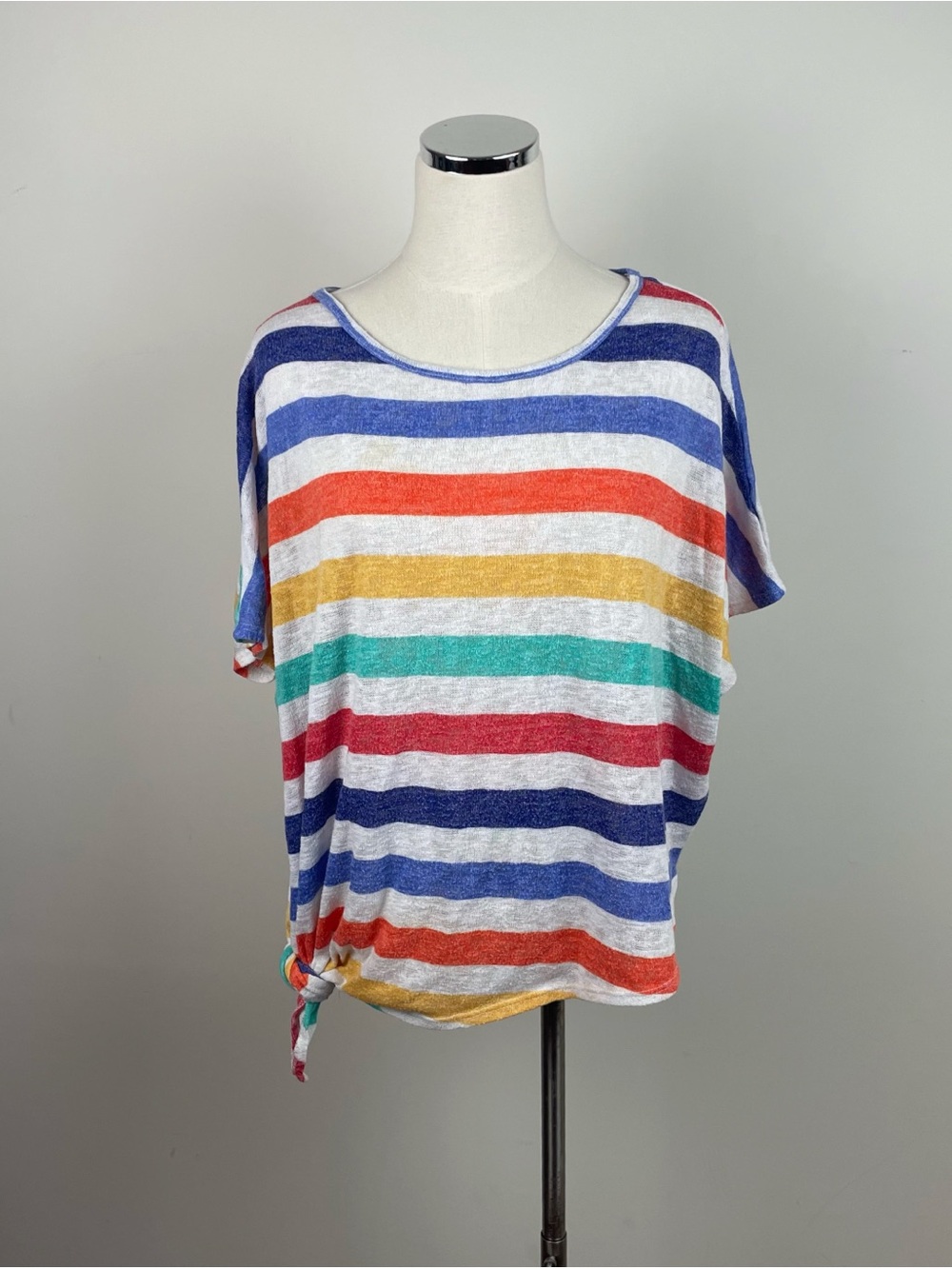Andree By Unit Colorful Stripe White Orange Blue Short Sleeve Top Boho Casual